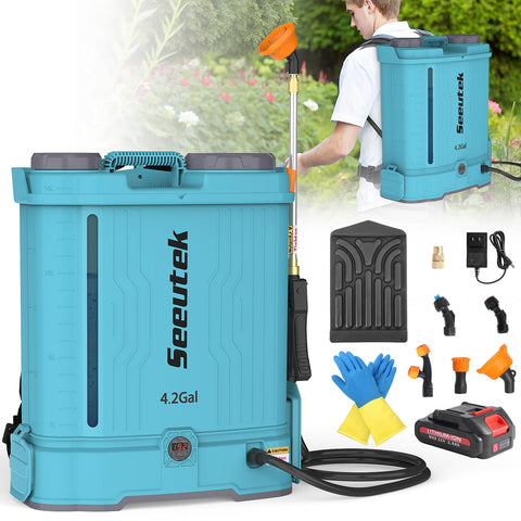 Seeutek backpack sprayer showing a 4.2-gallon capacity for efficient yard work.