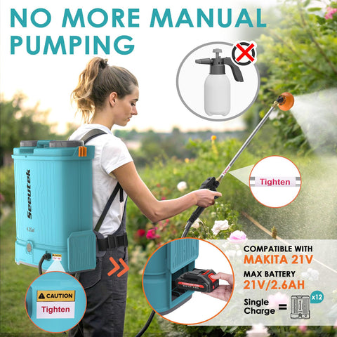 Seeutek sprayer with battery-powered motor for cordless operation.