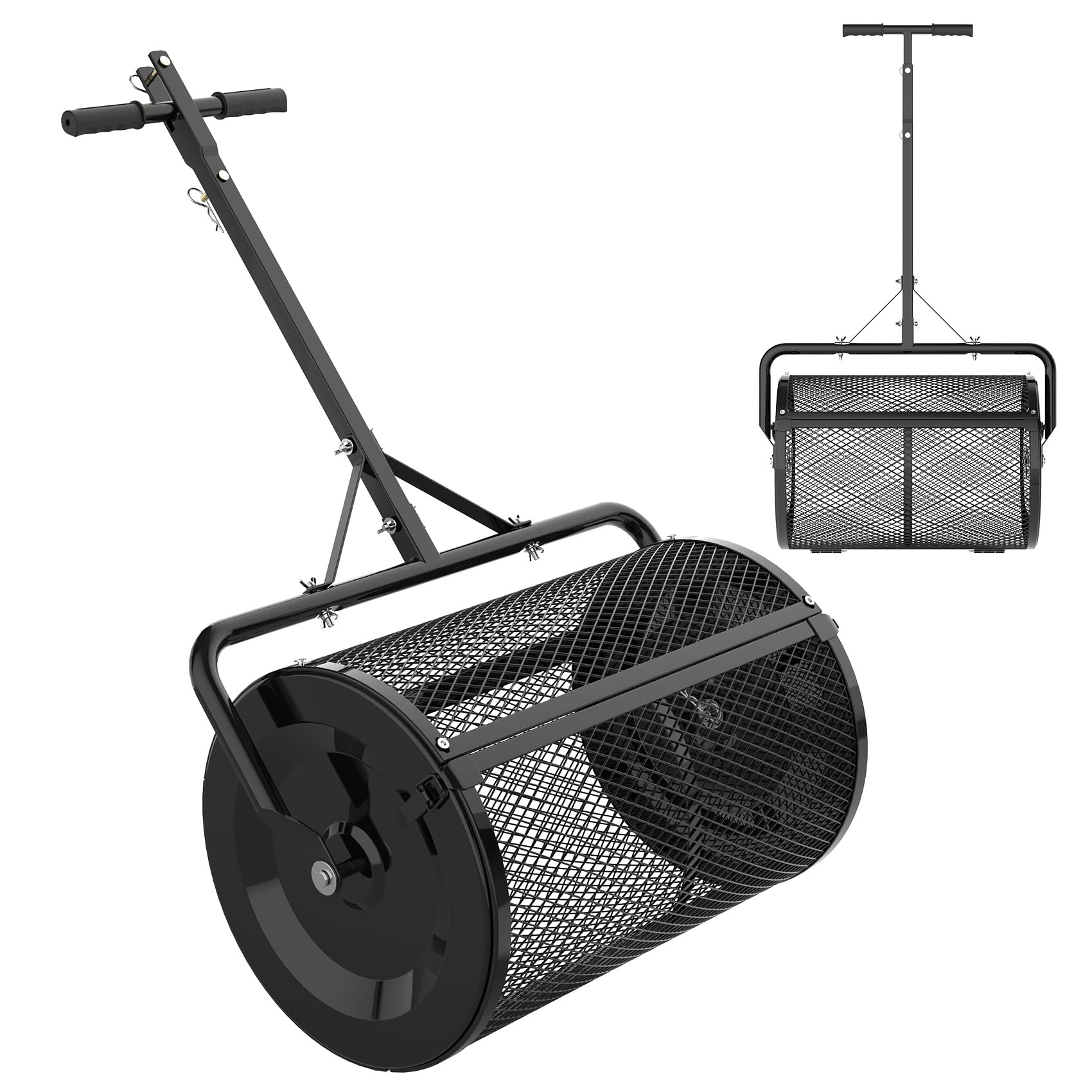Seeutek compost spreader drum assembly shows sturdy spread pattern for lawns