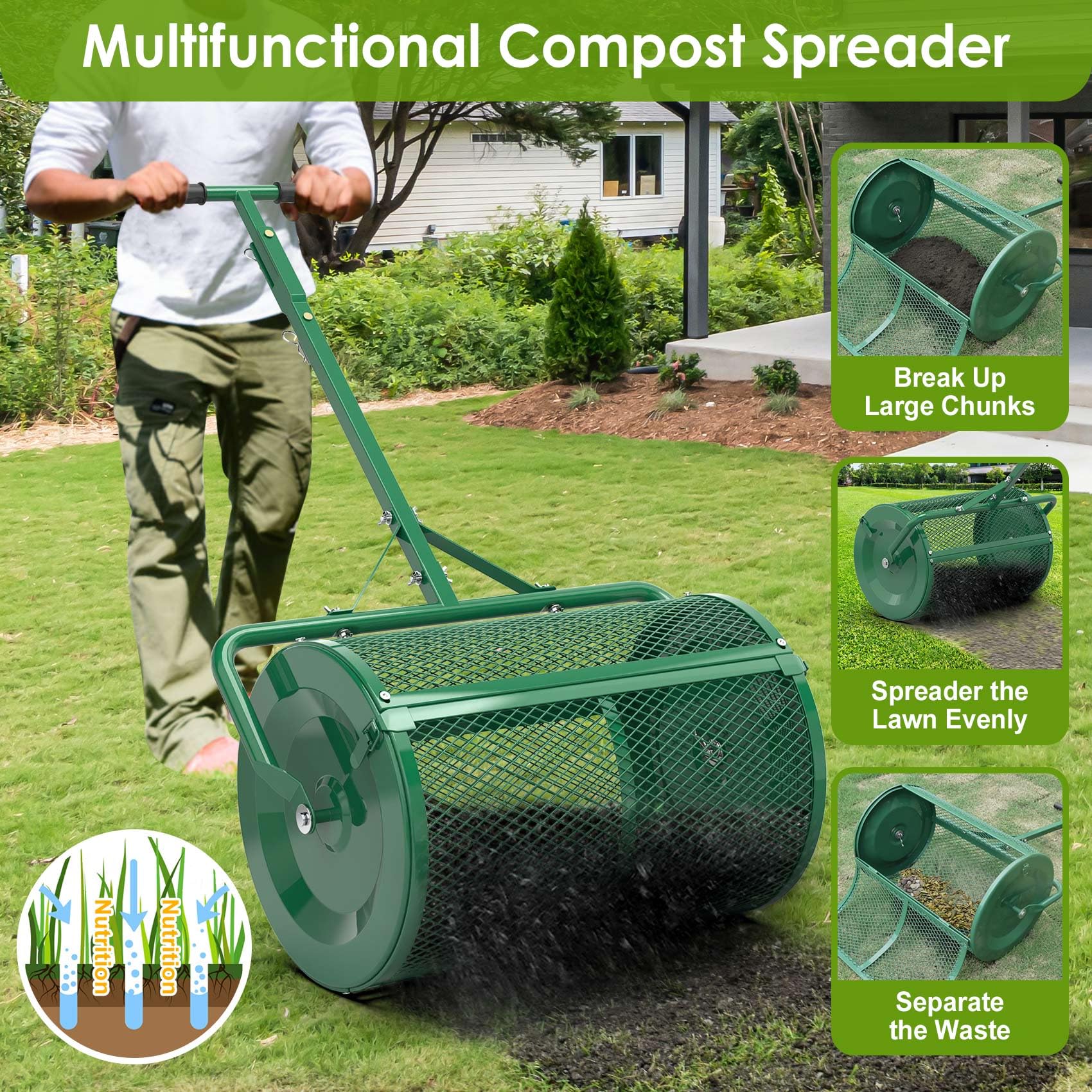 Seeutek compost spreader support rod stabilizes the drum for steady spreading
