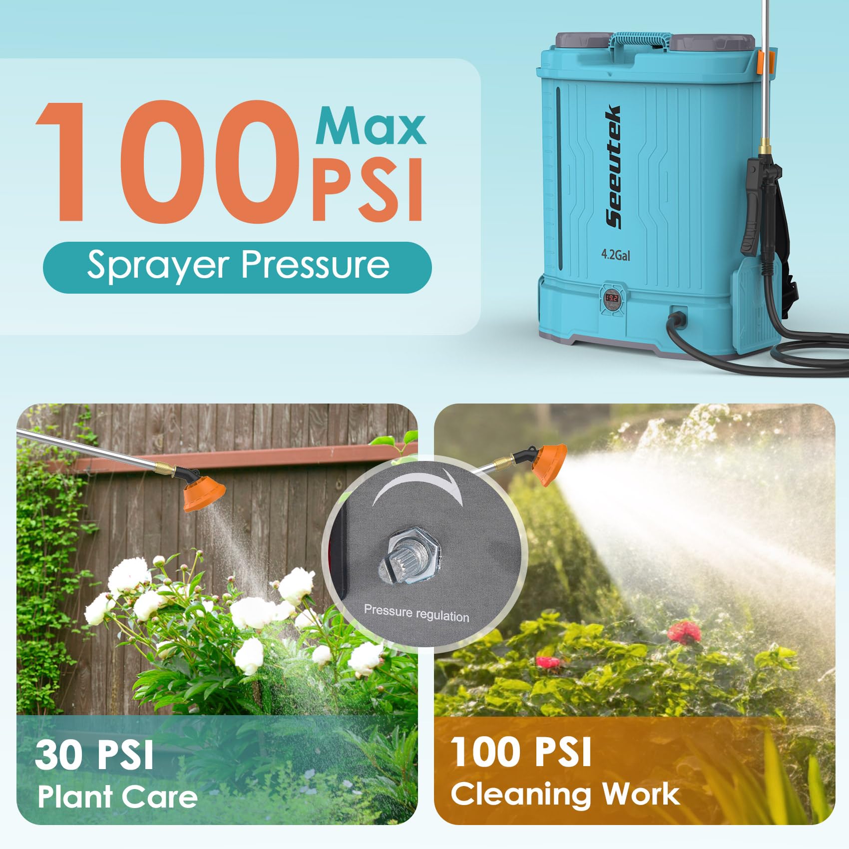 Seeutek sprayer with a digital voltage display for monitoring battery life.