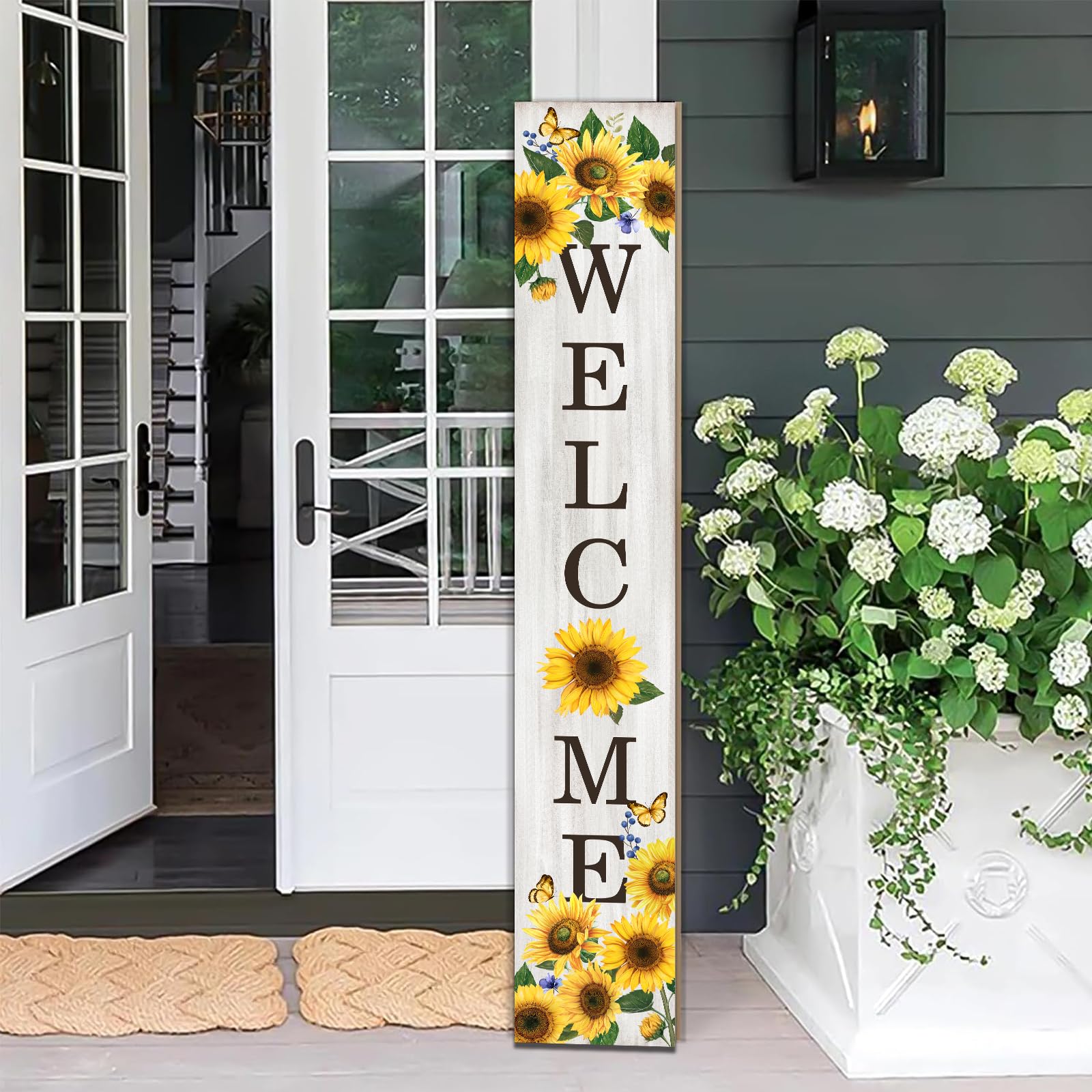 Seimip sunflower porch sign on front door enhances curb appeal and welcomes guests