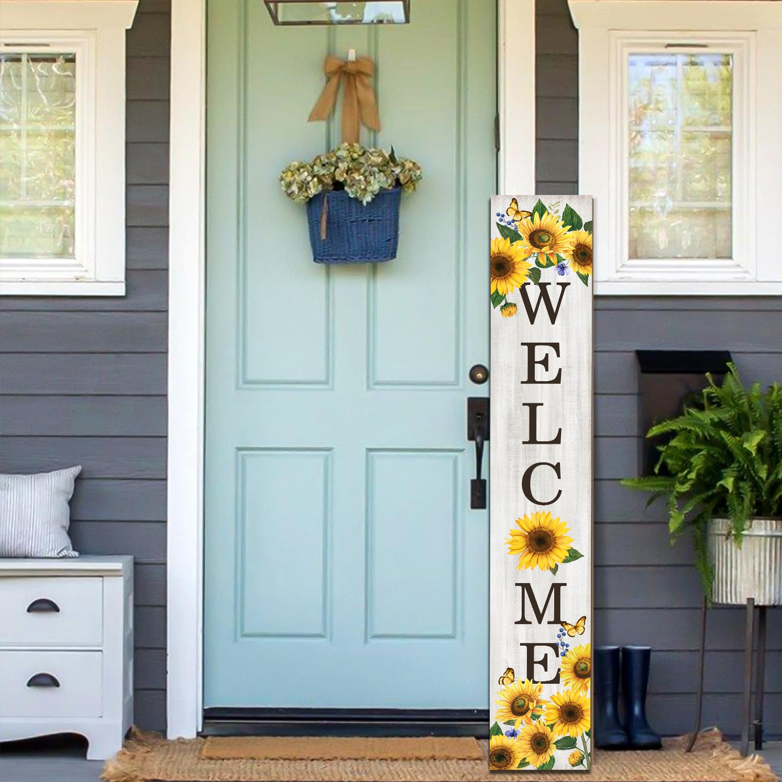 Seimip porch sign leaning on front door for seasonal porch decor