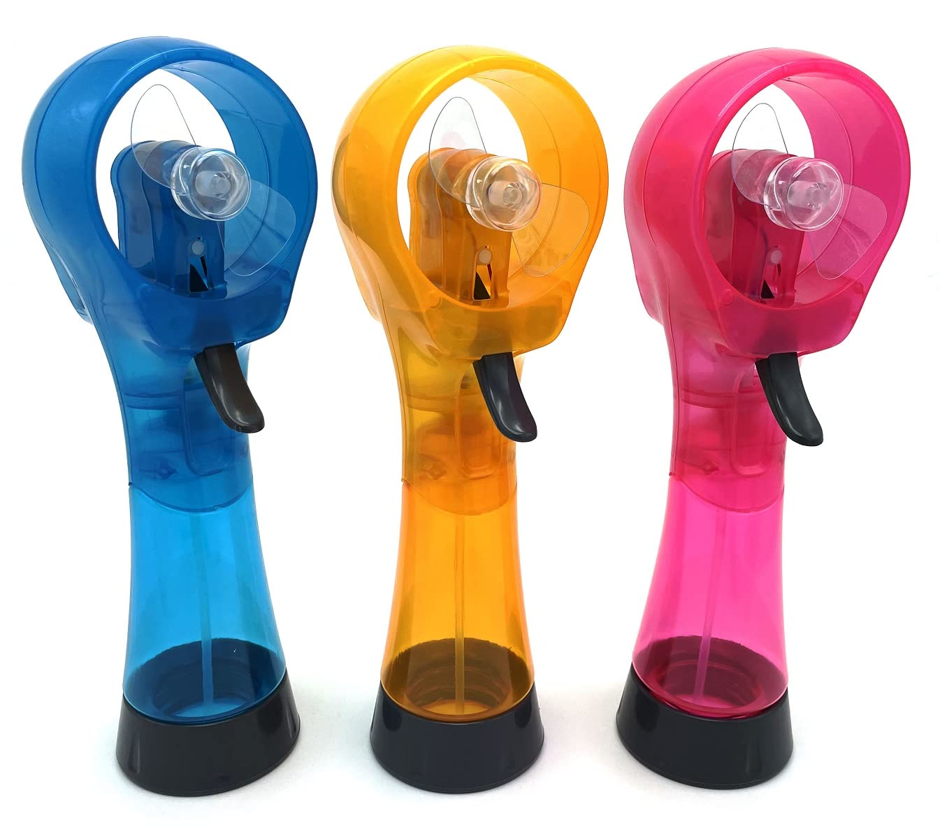 SEITG portable misting fan in sky blue with carabiner for hands-free cooling.