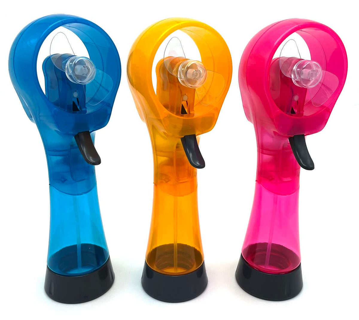 SEITG portable misting fan in sky blue with carabiner for hands-free cooling.