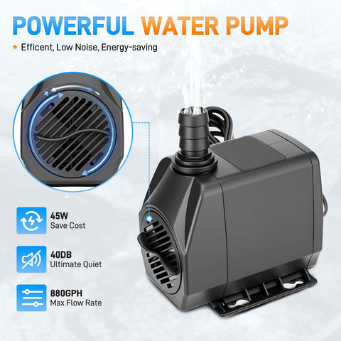 Sejaede 880 GPH pump powering smooth waterfall with adjustable flow.
