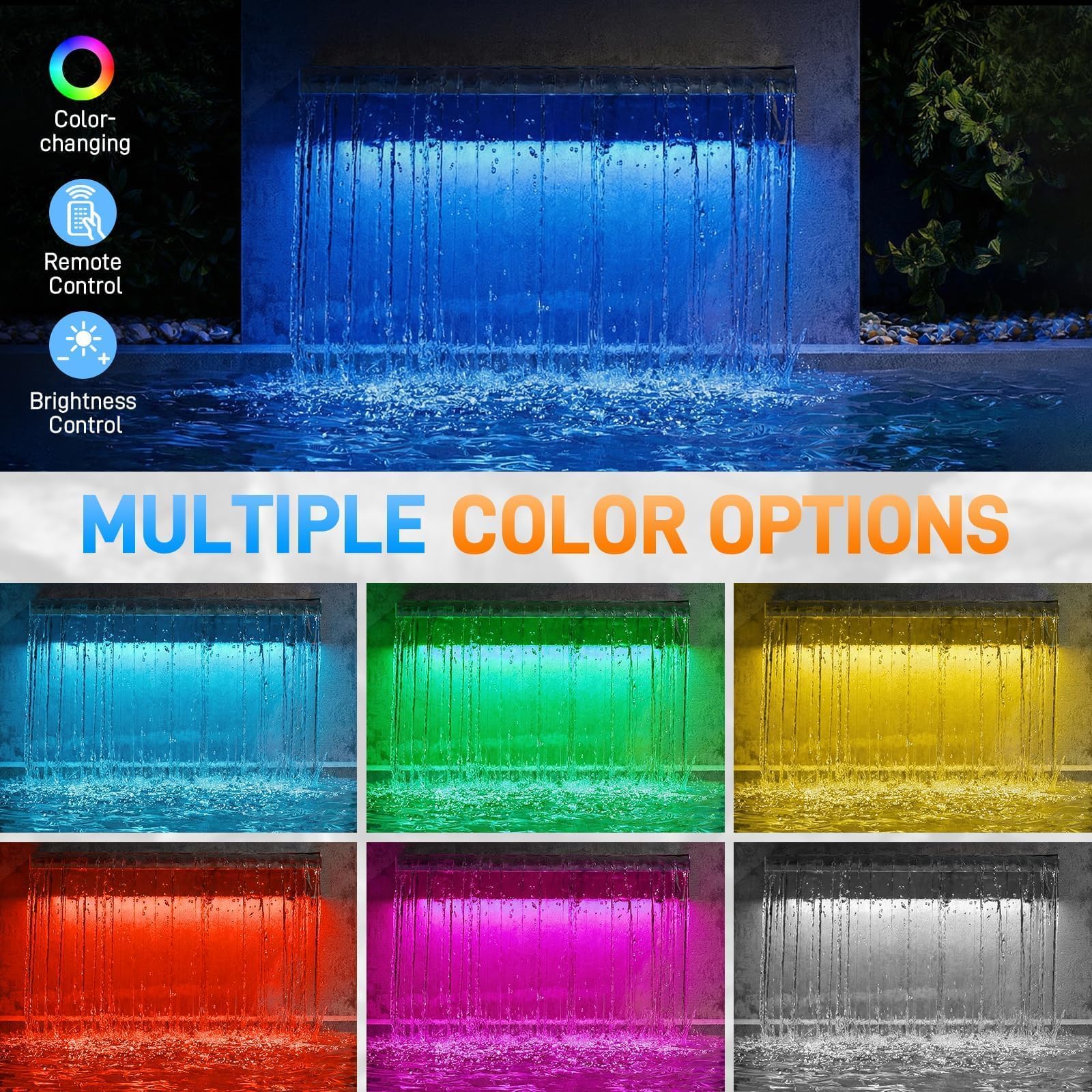 Sejaede LED light pond waterfall with remote control for night ambience.