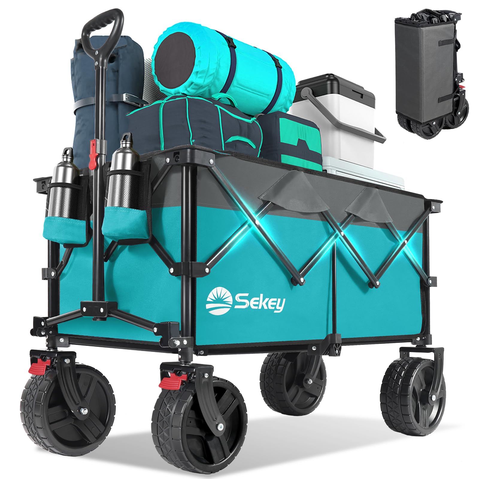 Sekey 220L wagon in turquoise, foldable side view highlights large capacity.