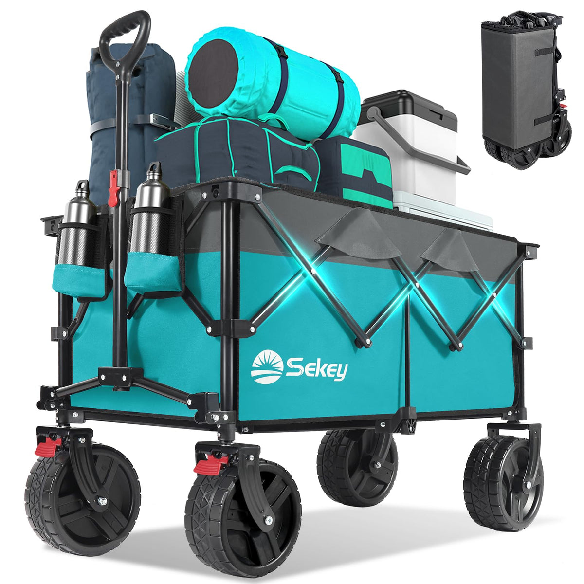 Sekey 220L wagon in turquoise, foldable side view highlights large capacity.