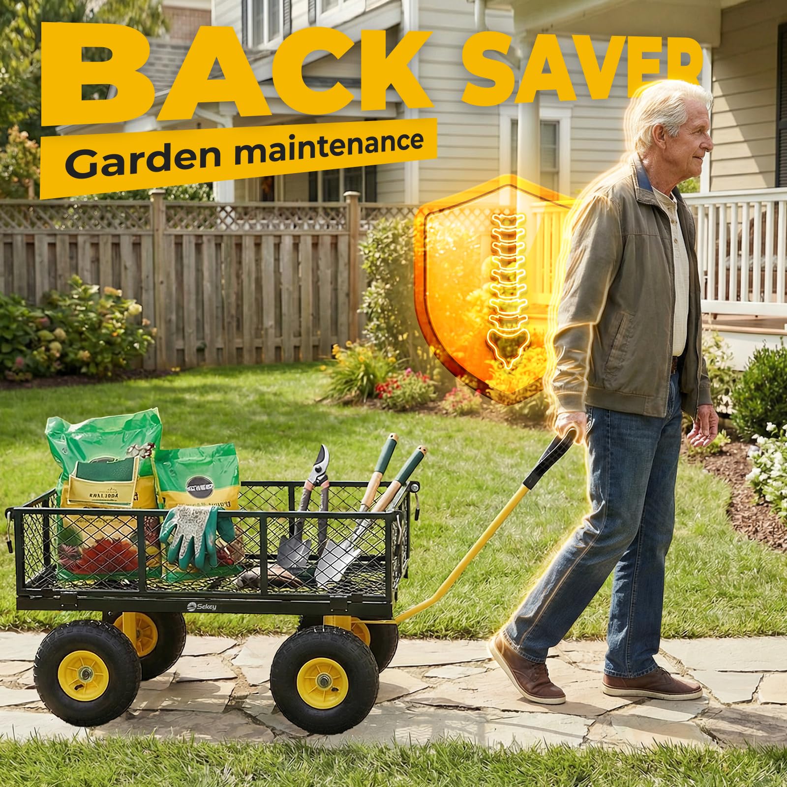 Sekey 600lb garden cart with 10 inch rubber tires on grass