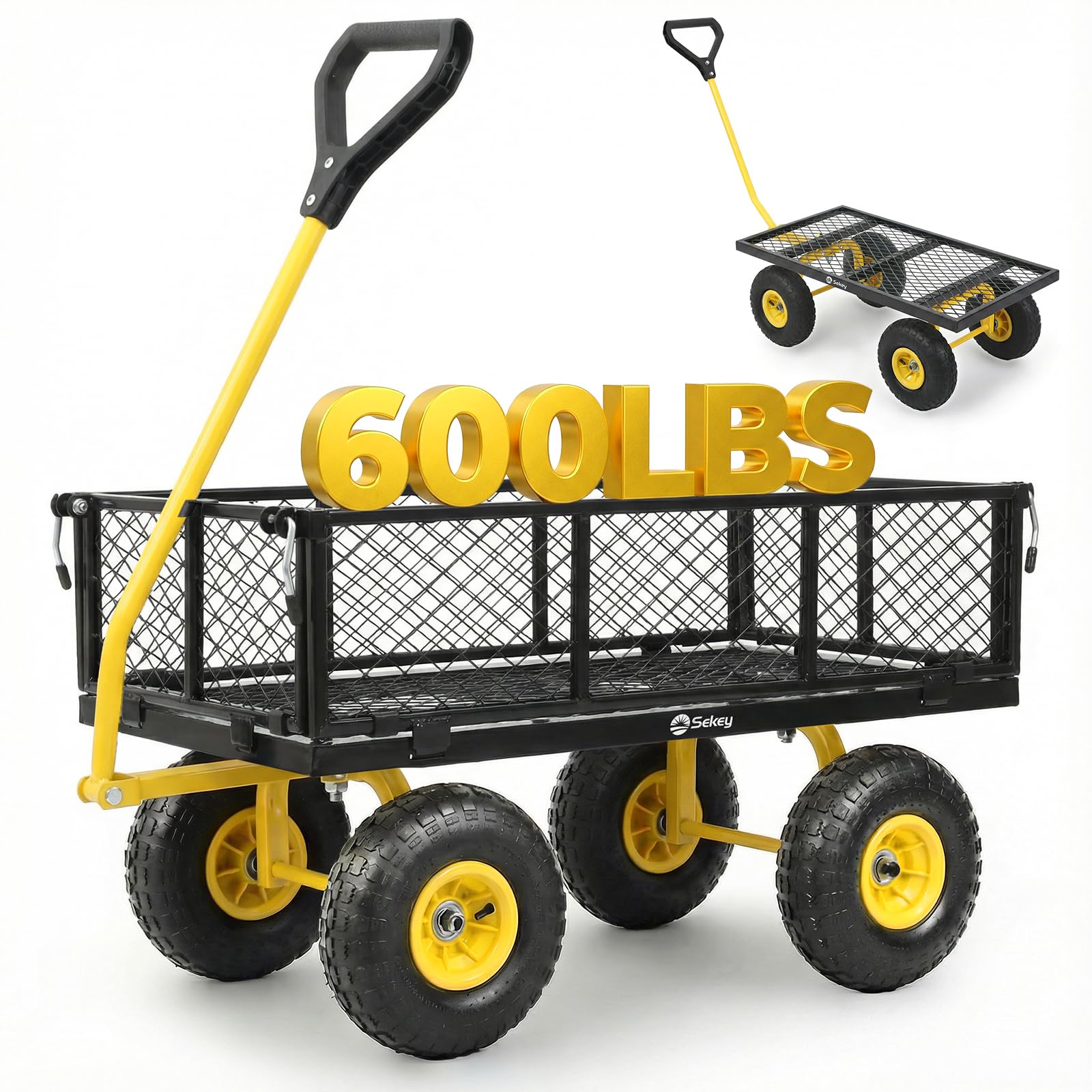 Sekey 600lb steel mesh garden cart front view, sturdy frame for outdoor hauling