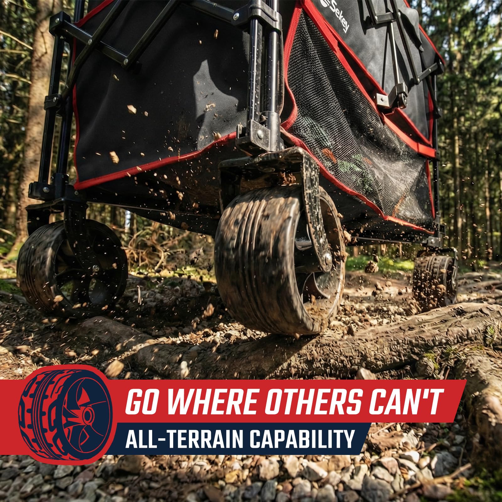 Sekey all-terrain wheels and brakes keep loads stable on grass and gravel.