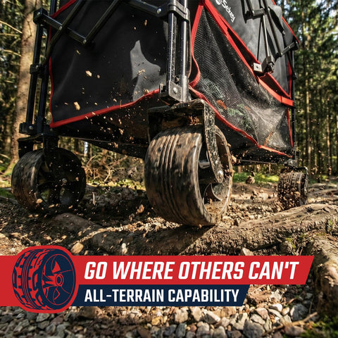 Sekey all-terrain wheels and brakes keep loads stable on grass and gravel.