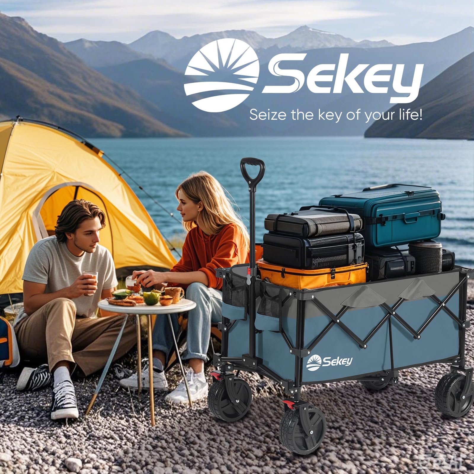 Sekey blue gray foldable wagon in car boot setting