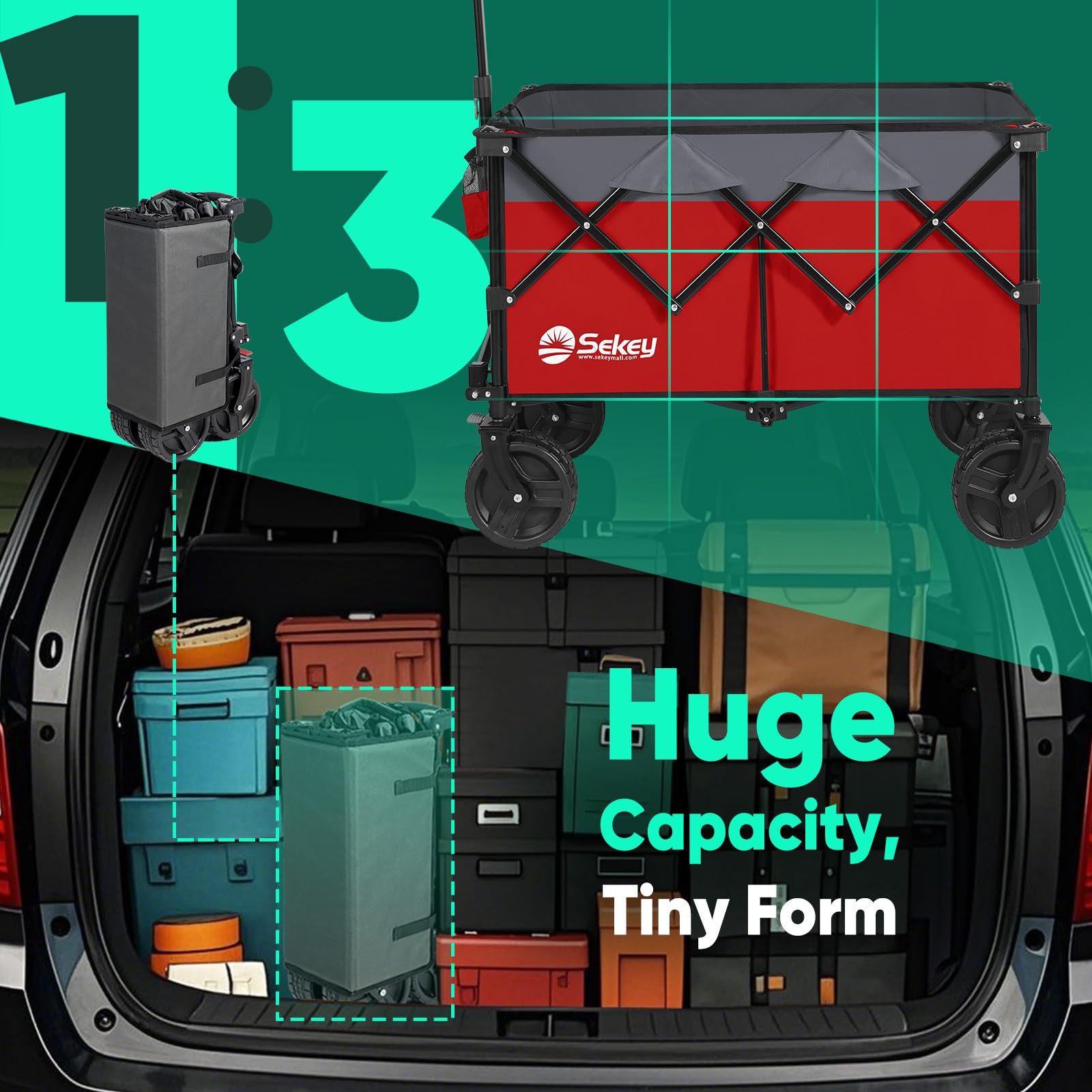 Sekey wagon folds compactly for easy storage and trunk space.