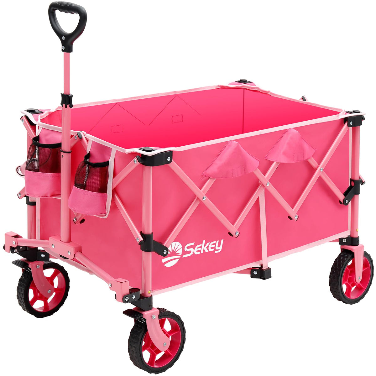 Sekey Pink Collapsible Wagon with all-terrain wheels glides over grass.