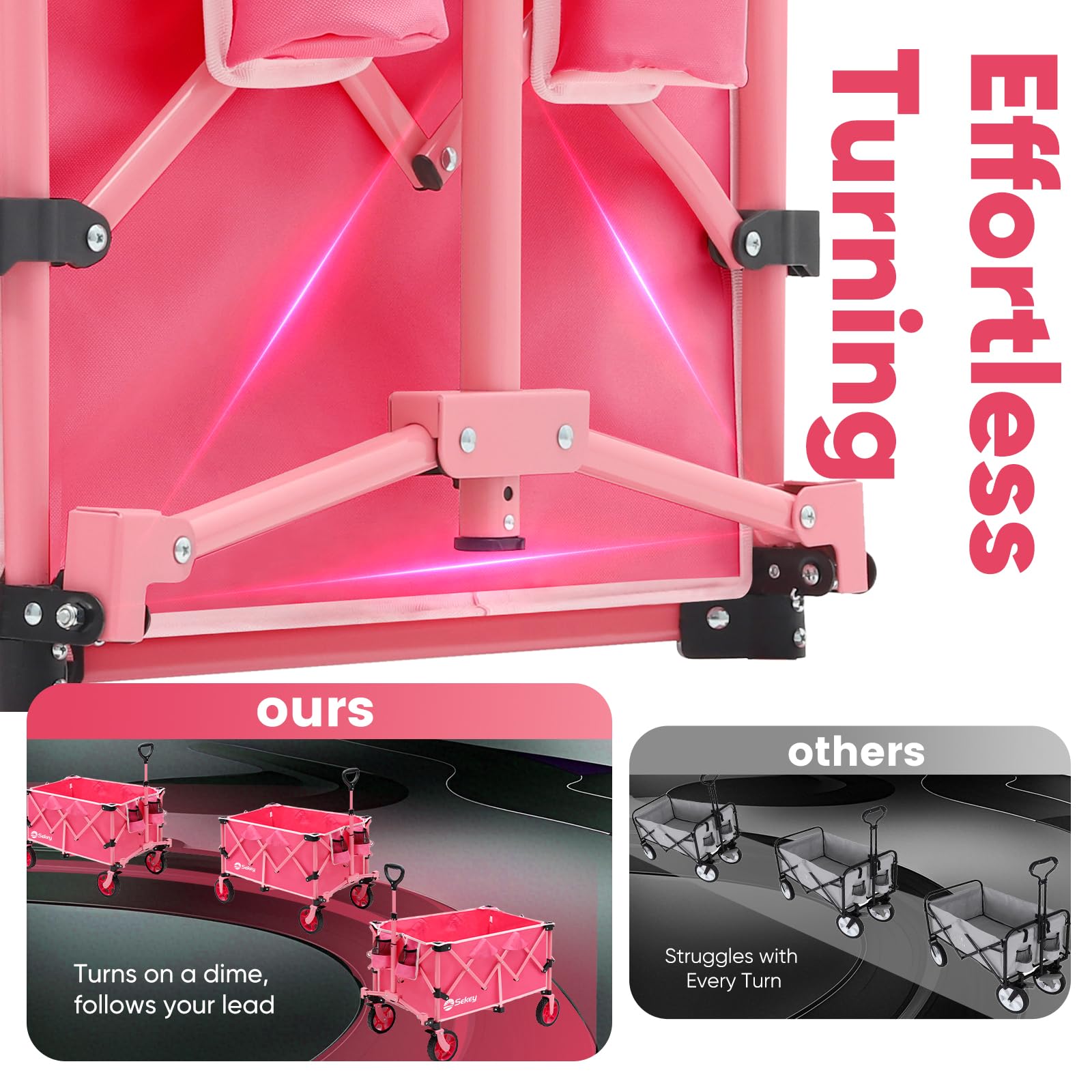 Sekey Pink Wagon features cup holders for beverages on the move.