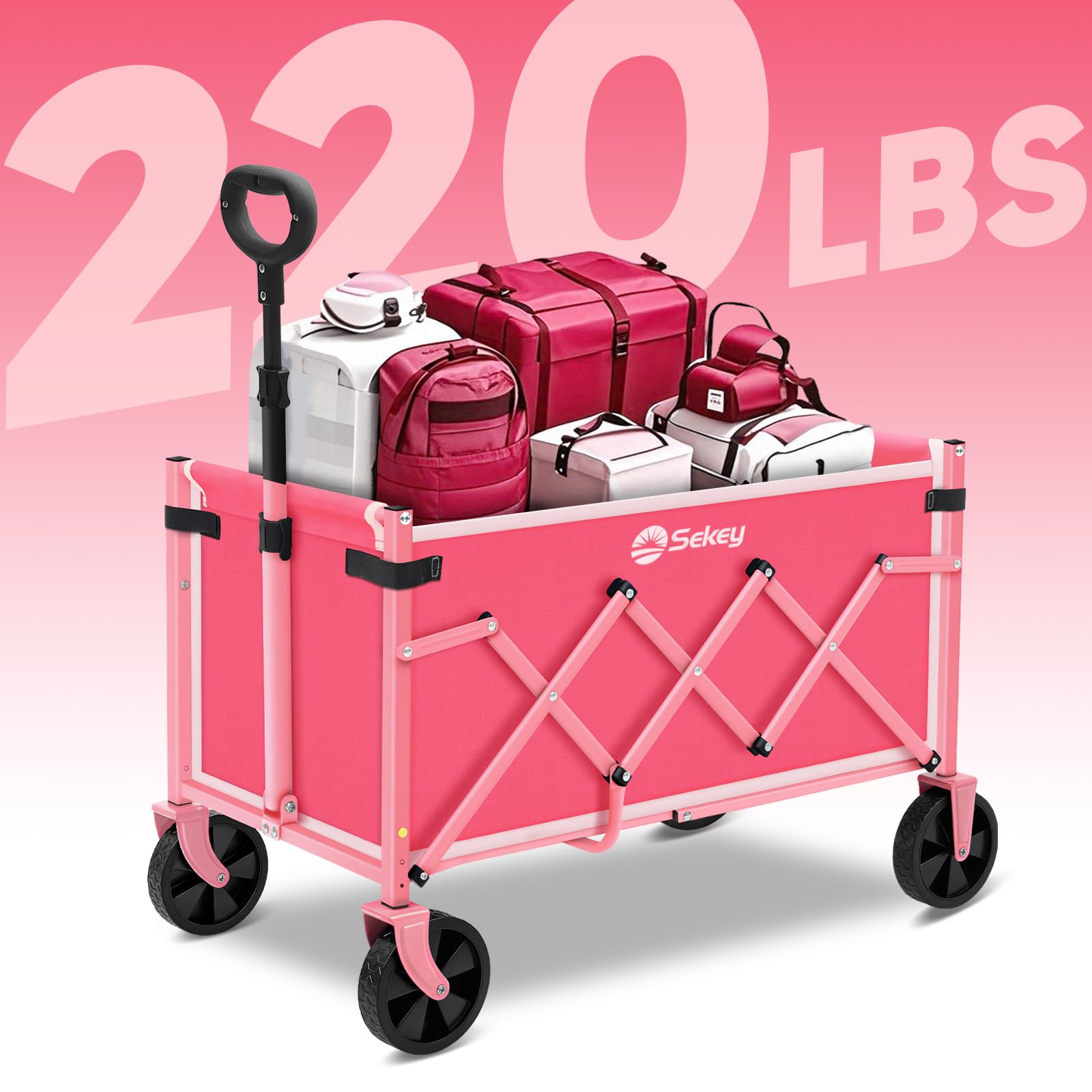 Sekey wagon cart with 360-degree front wheels on various surfaces