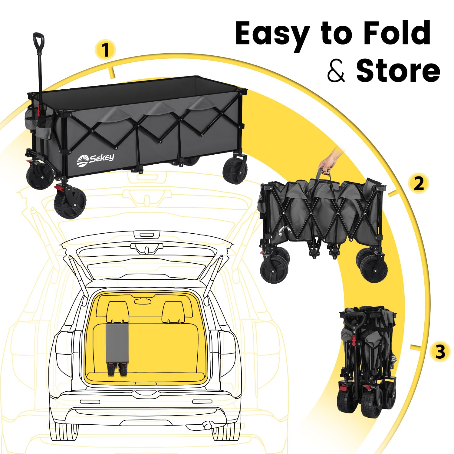 Sekey wagon features built-in drink holders for hands-free hydration.