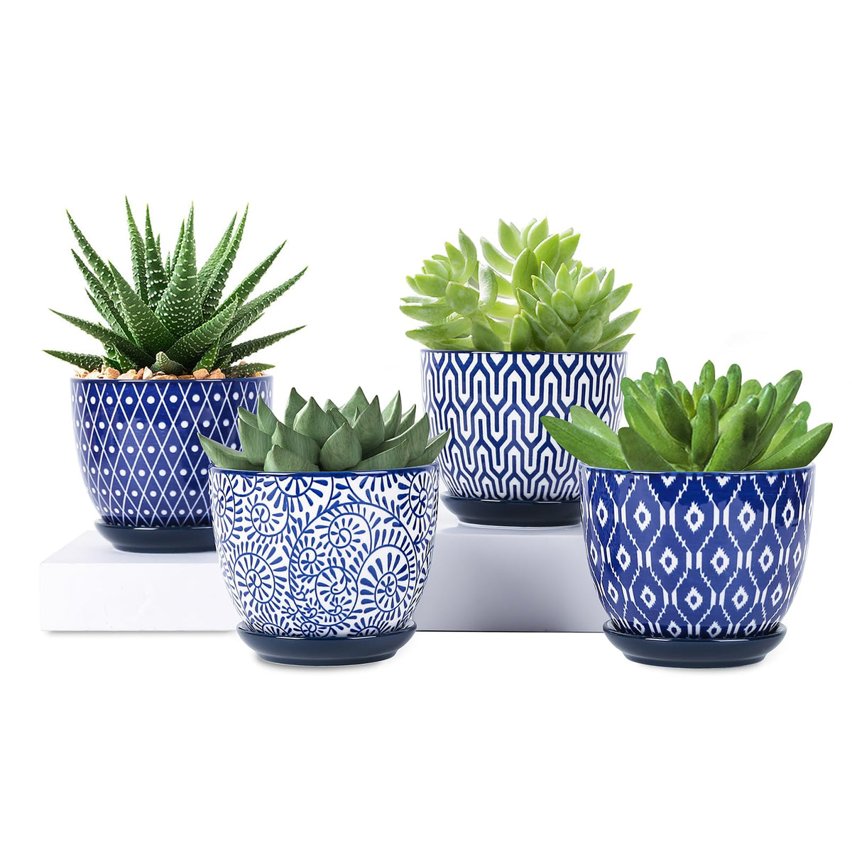 Selamica vintage blue ceramic pot front view for indoor plant display