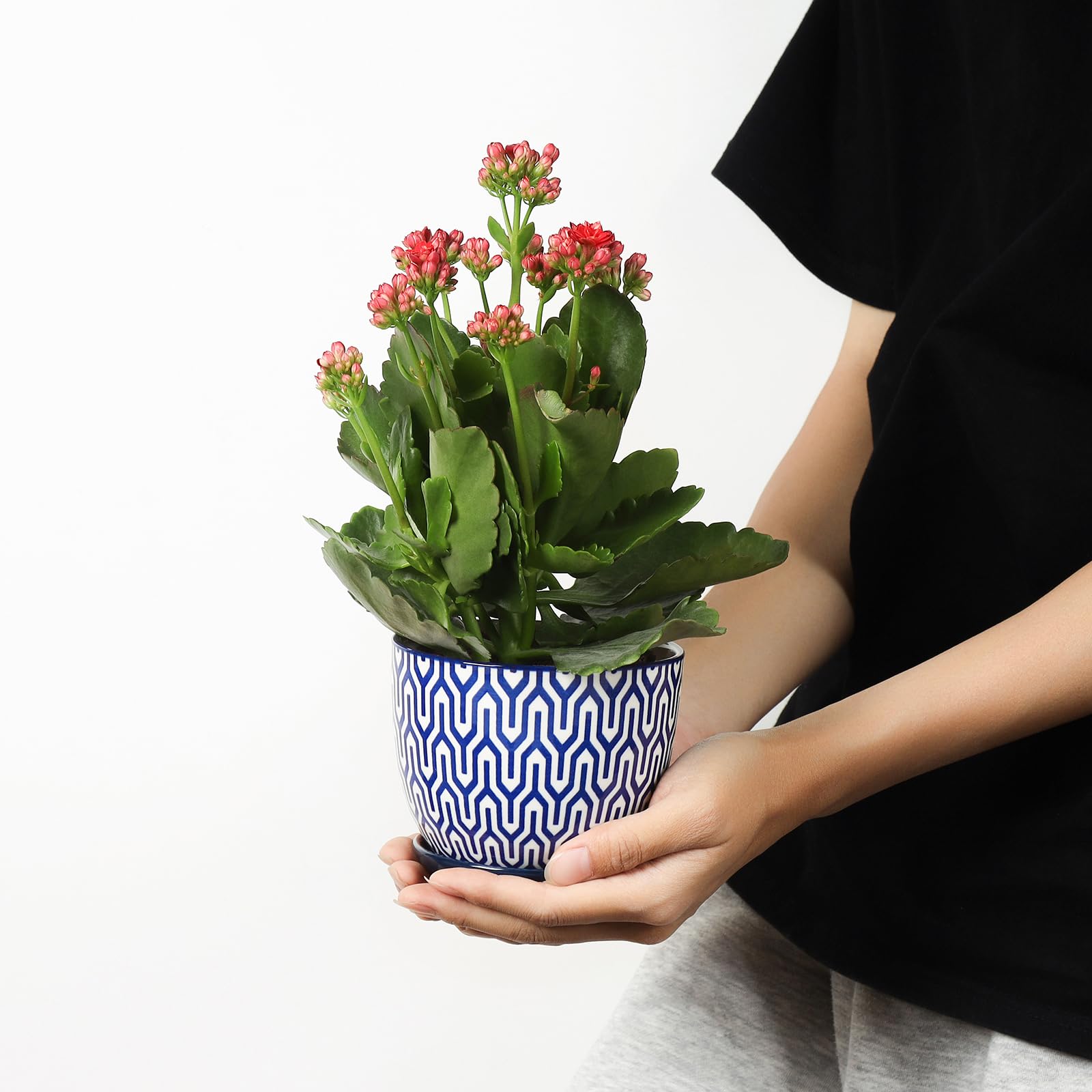 Selamica vintage blue ceramic pot side view showing sleek silhouette for decor