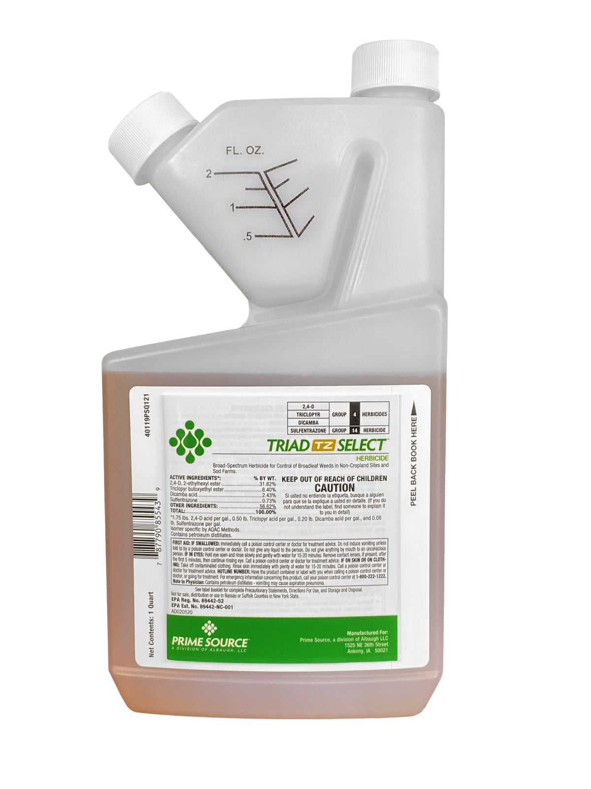 Select Source Triad TZ bottle label displaying four active ingredients for broadleaf weed control