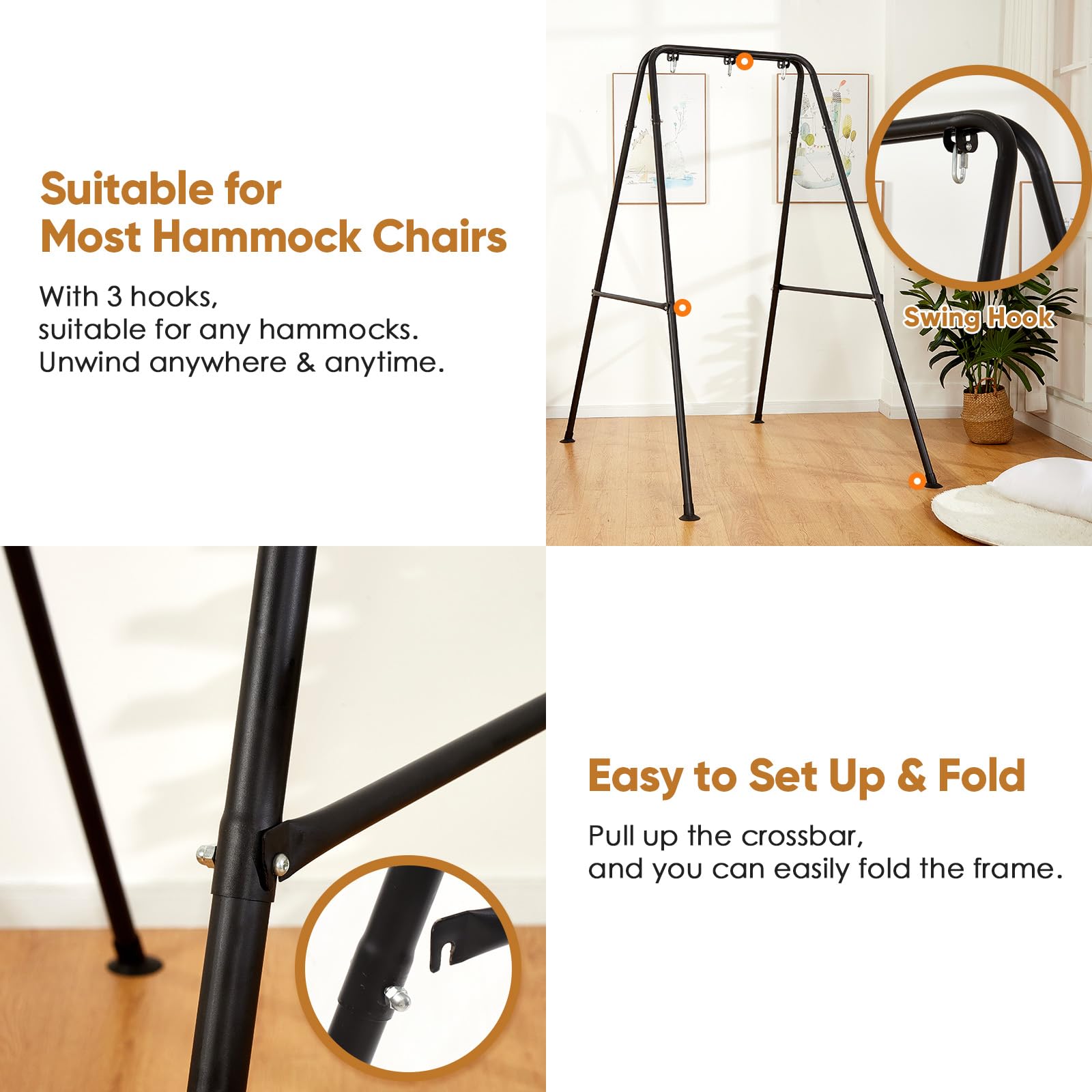 SELFLA hammock stand compatible-chairs fits most hammock chairs with one or two hooks.