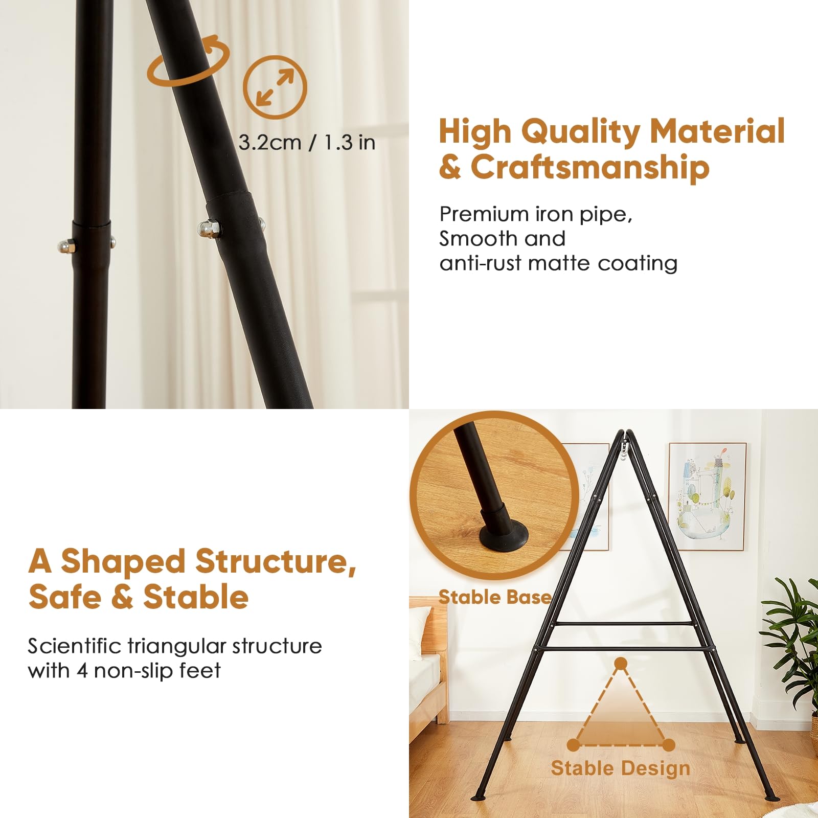 SELFLA hammock stand triangular-base-stability provides secure, steady seating.