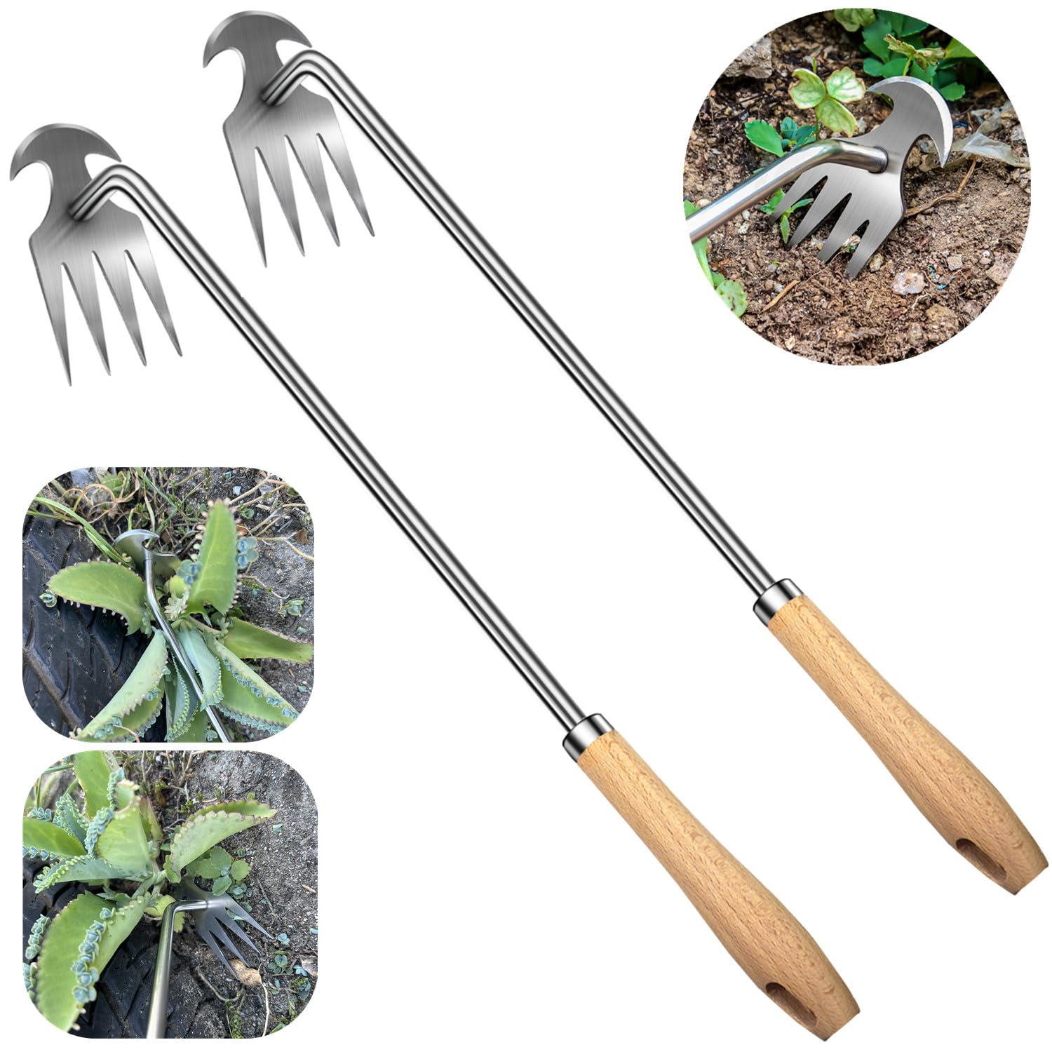 Semifrut 16-inch weed puller with wooden handle for easy garden weeding.