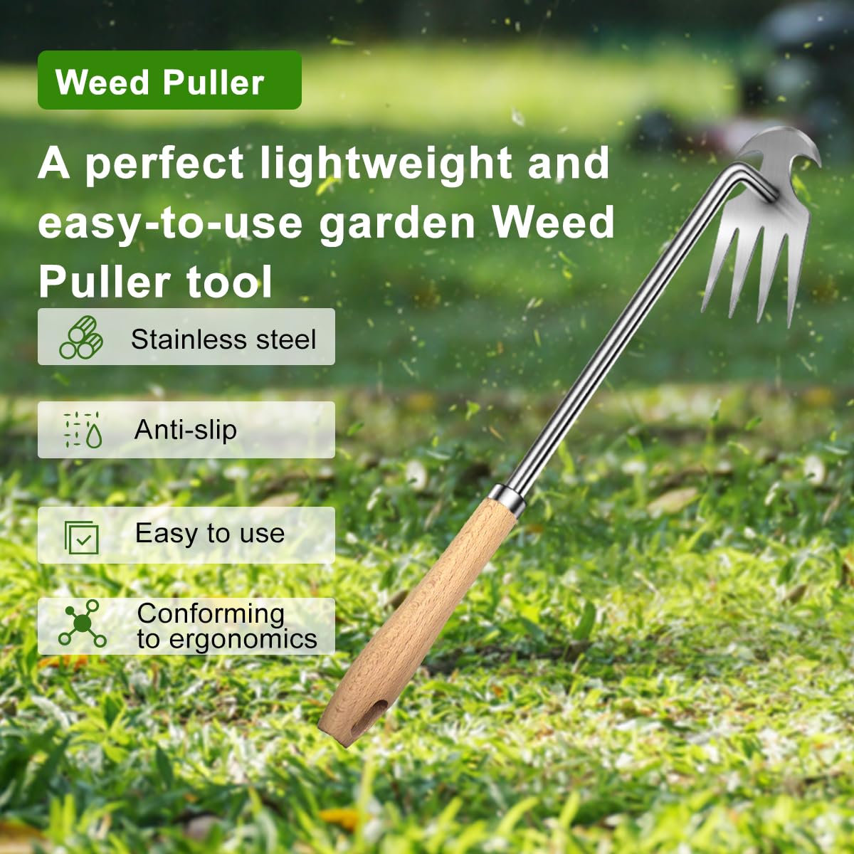 Semifrut weeding tool with strong grip for soil loosening.
