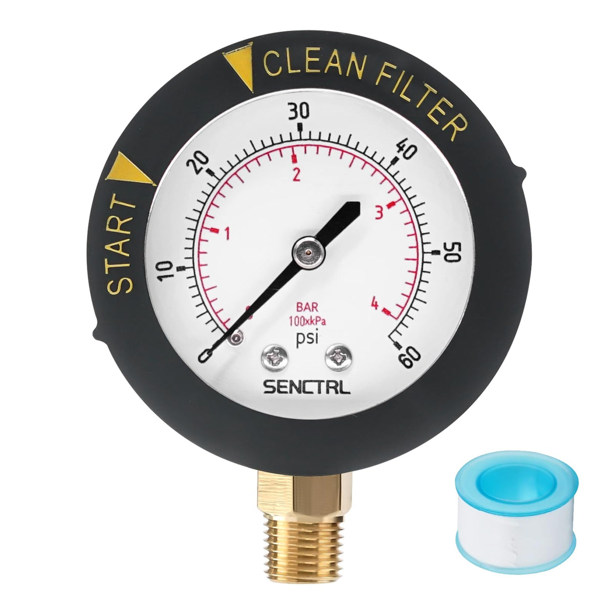 Senctrl 0-60 psi pool filter gauge with a 2-inch dial for accurate readings.