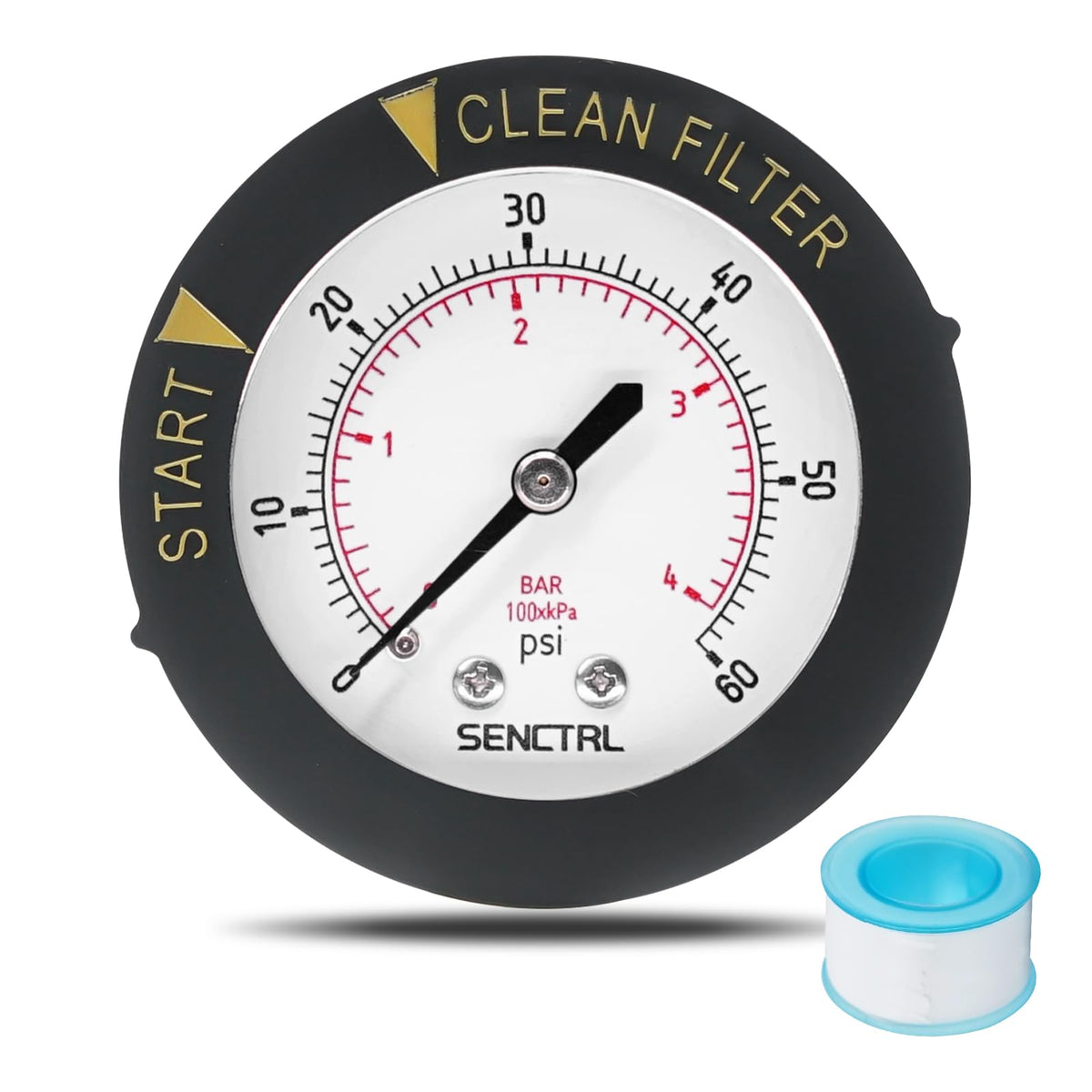 Senctrl pool filter gauge dial shows clear pressure readings for pools