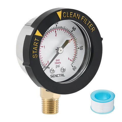 Senctrl 0-60 psi gauge supports pool spa and filtration setups.