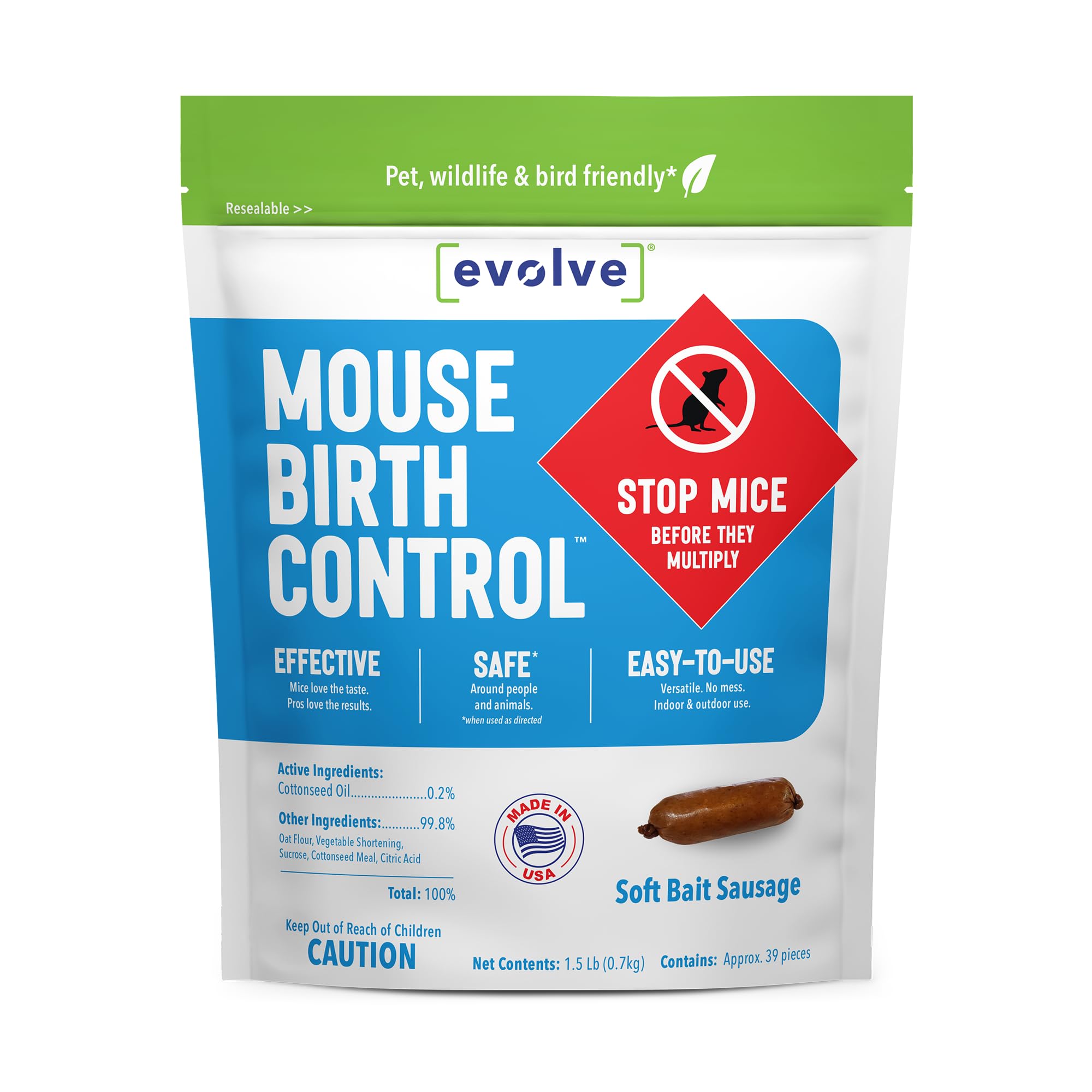 SenesTech EVOLVE birth-control sausages packaging shows non-lethal rodent management option.
