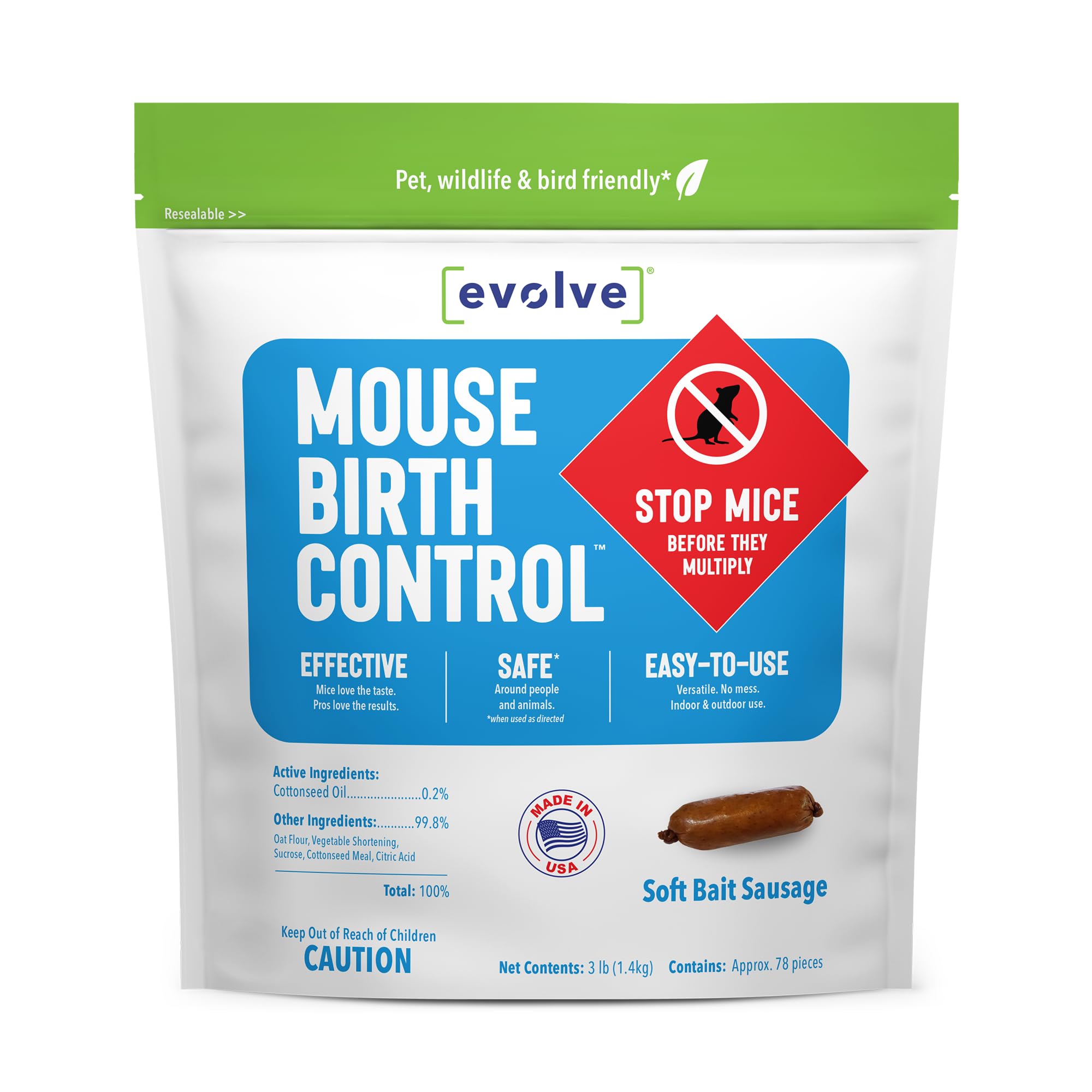SenesTech Evolve Birth Control packaging close-up for non-lethal rodent management