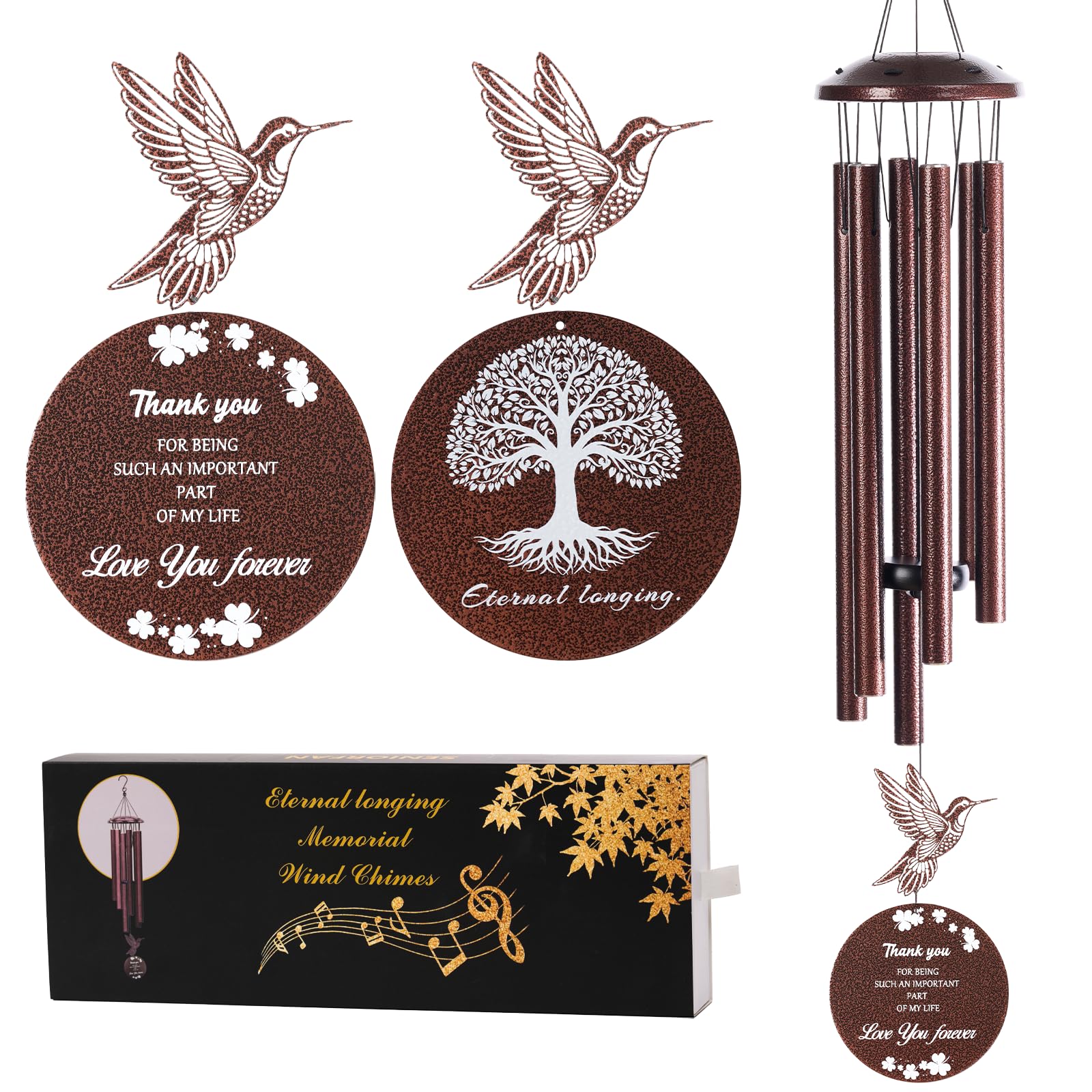 SENIORFAN hummingbird windchime on display enhances garden ambience.