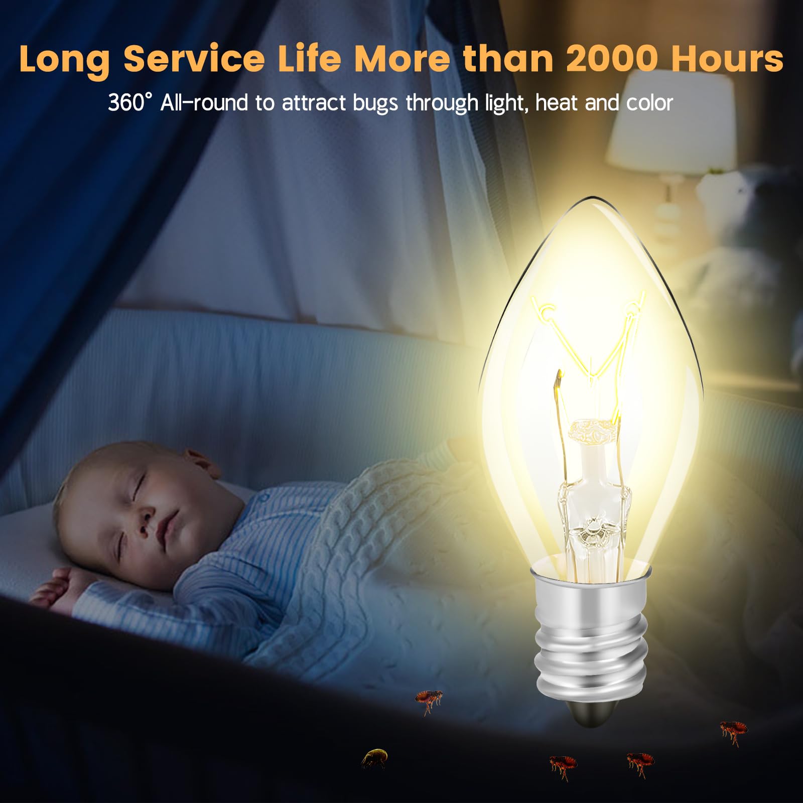 Senitek Earpads warm-amber 7W bulb for comforting night-light in traps.
