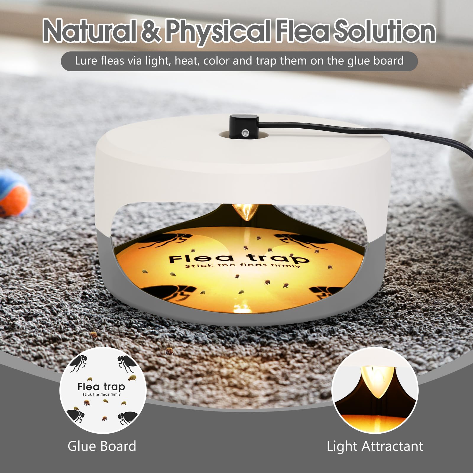 SENITEK EARPADS flea trap shows ultra-sticky discs capturing pests near carpets