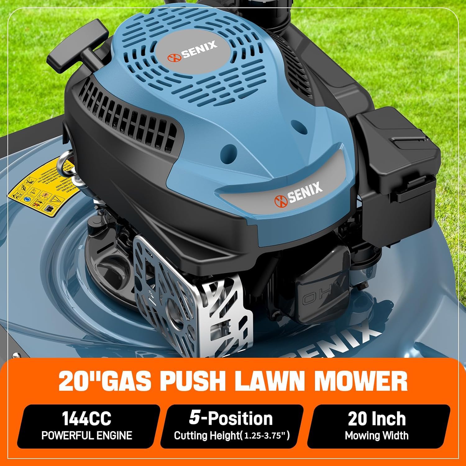 SENIX 20-inch mower side discharge clears clippings quickly for cleaner edges.