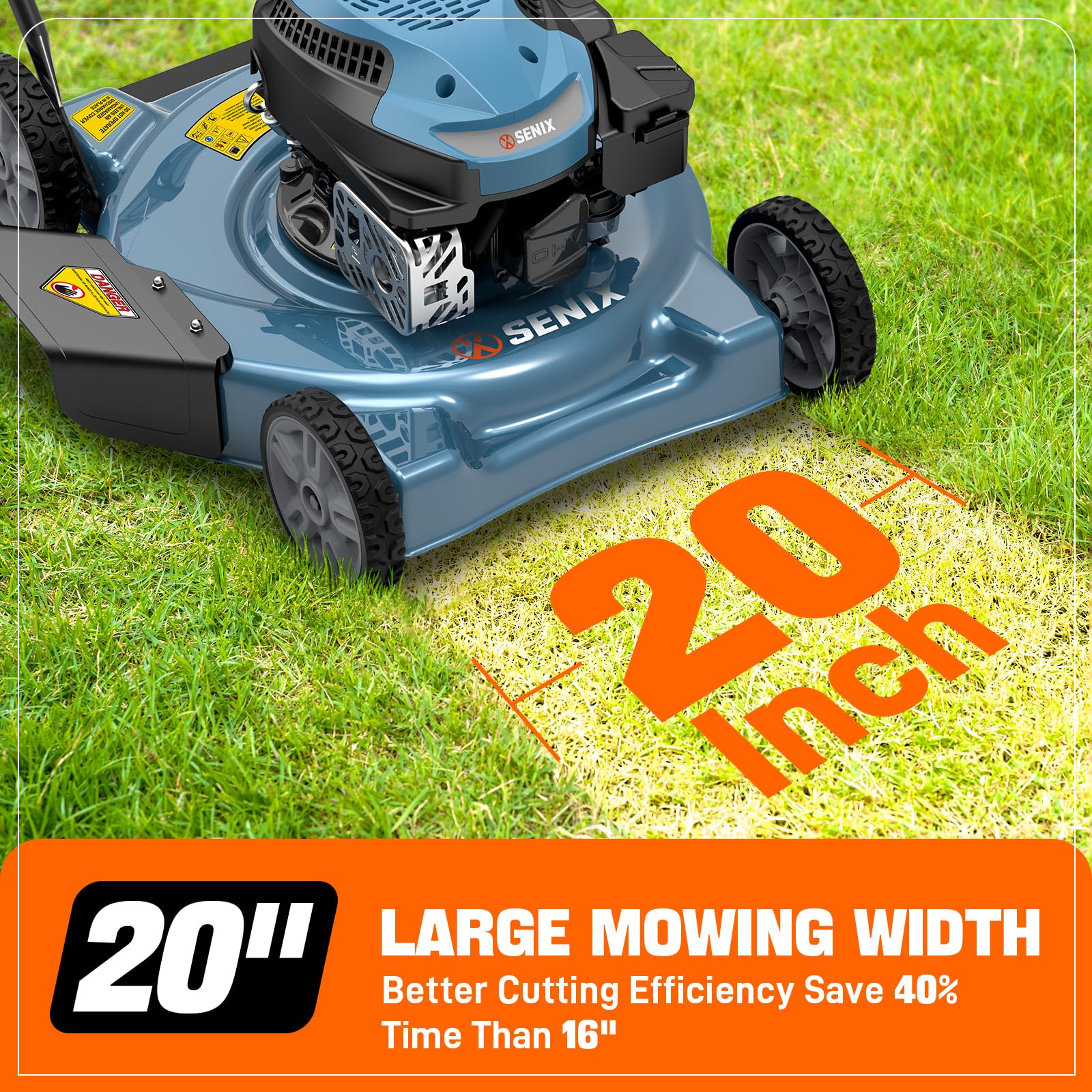 SENIX 20-inch gas lawn mower cutting width demonstrates faster yard coverage