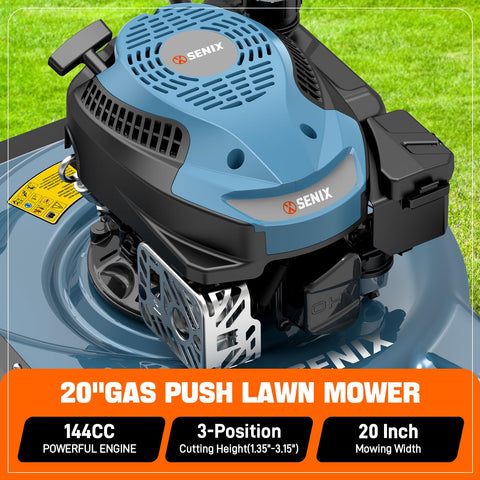 SENIX 20-inch gas lawn mower engine detail highlighting robust 144cc power