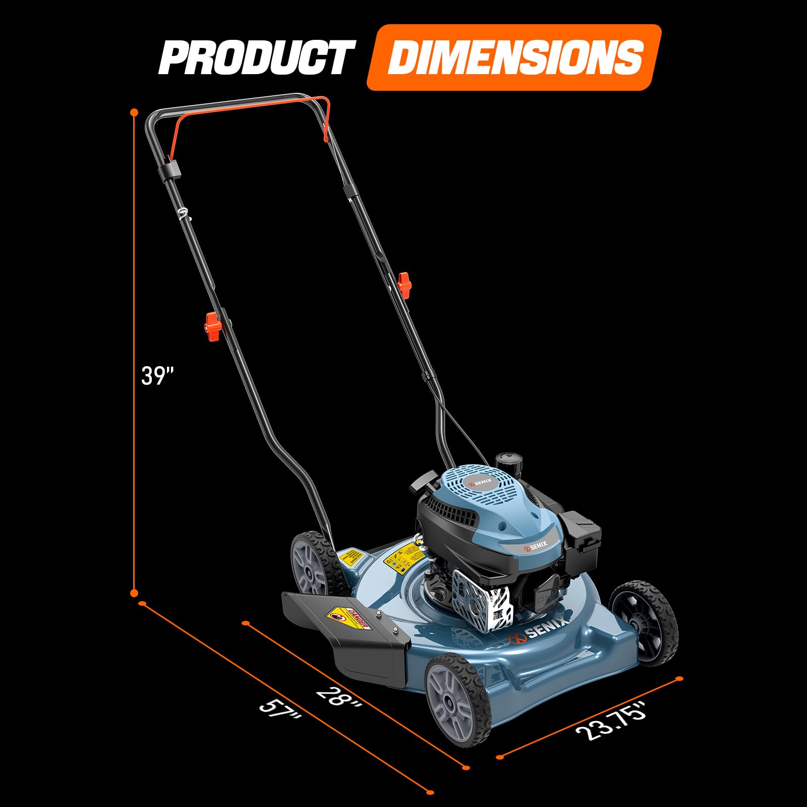 SENIX 20-inch gas lawn mower side view for easy maneuverability on slopes