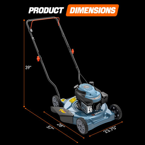 SENIX 20-inch gas lawn mower side view for easy maneuverability on slopes