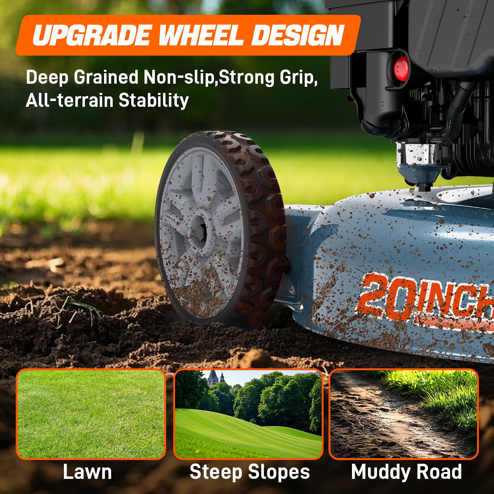 SENIX 20-inch gas lawn mower wheel design improves traction on uneven terrain