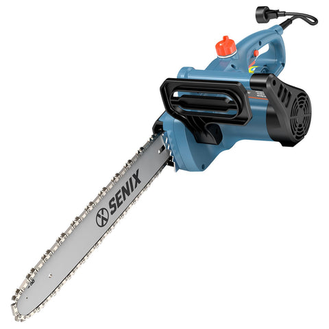 SENIX electric chainsaw with 14-inch bar for efficient wood cutting.