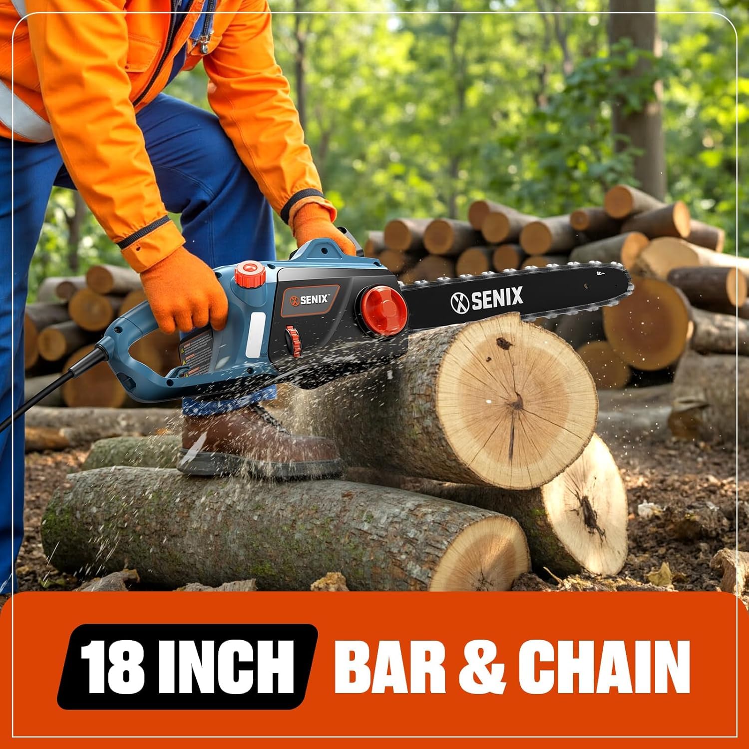 SENIX Chainsaw cutting action on wood during a heavy-duty project