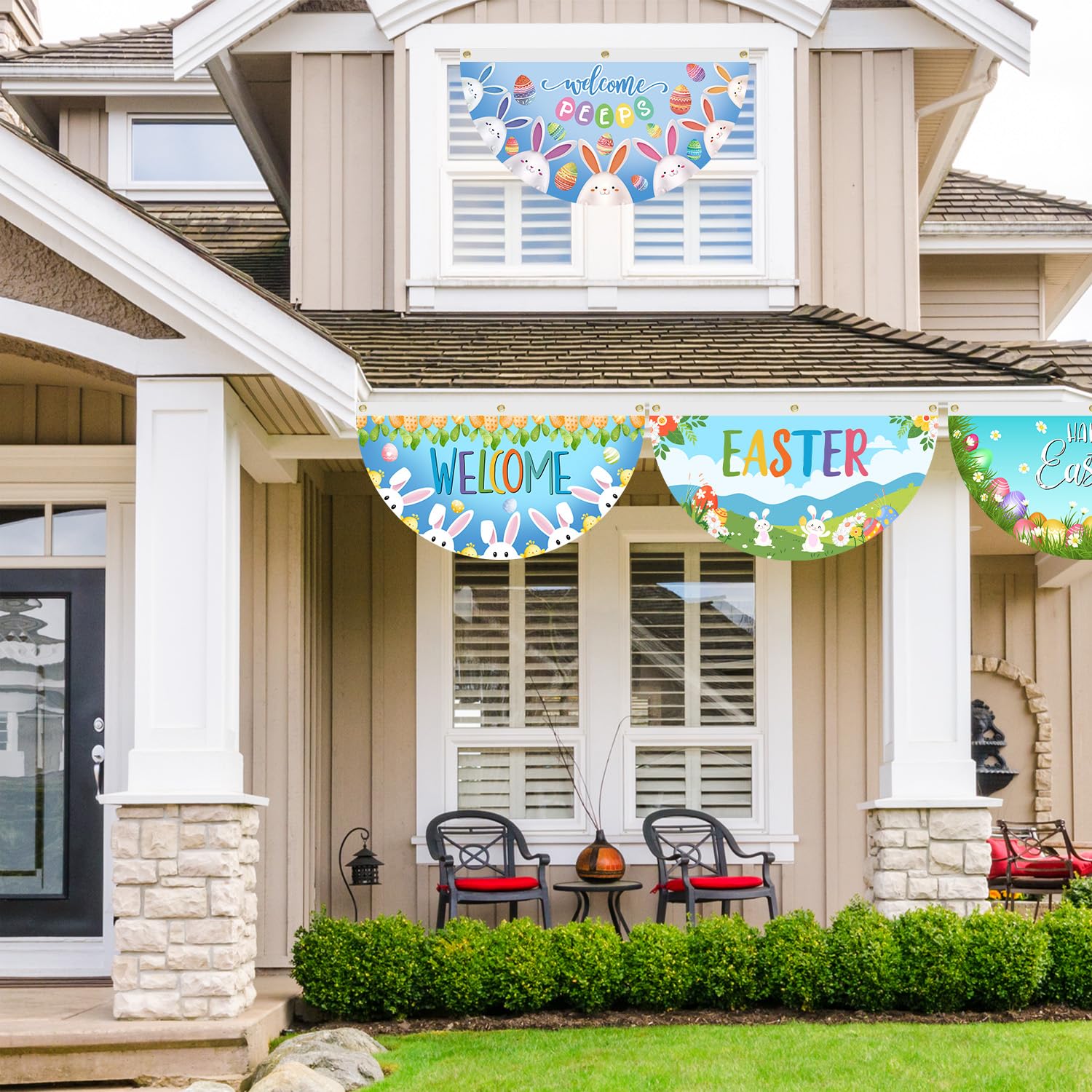 SENSEVEN bunny-eggs half-fan flag with brass grommets for easy hanging.