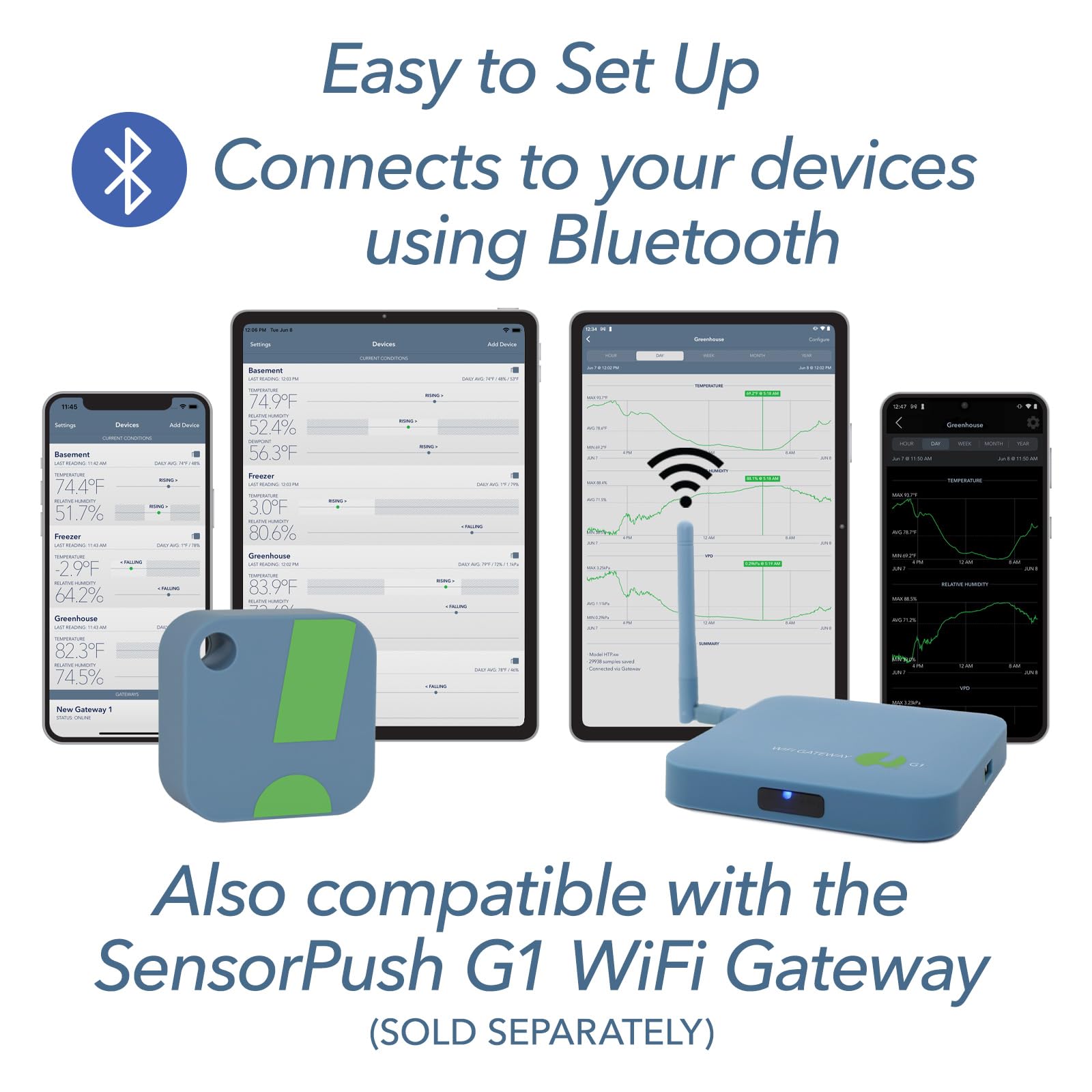 SensorPush HT1 app dashboard offers a quick view of current conditions and history