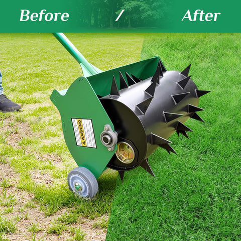 SENVERT Rolling Lawn Aerator applied on dry grass highlighting soil penetration