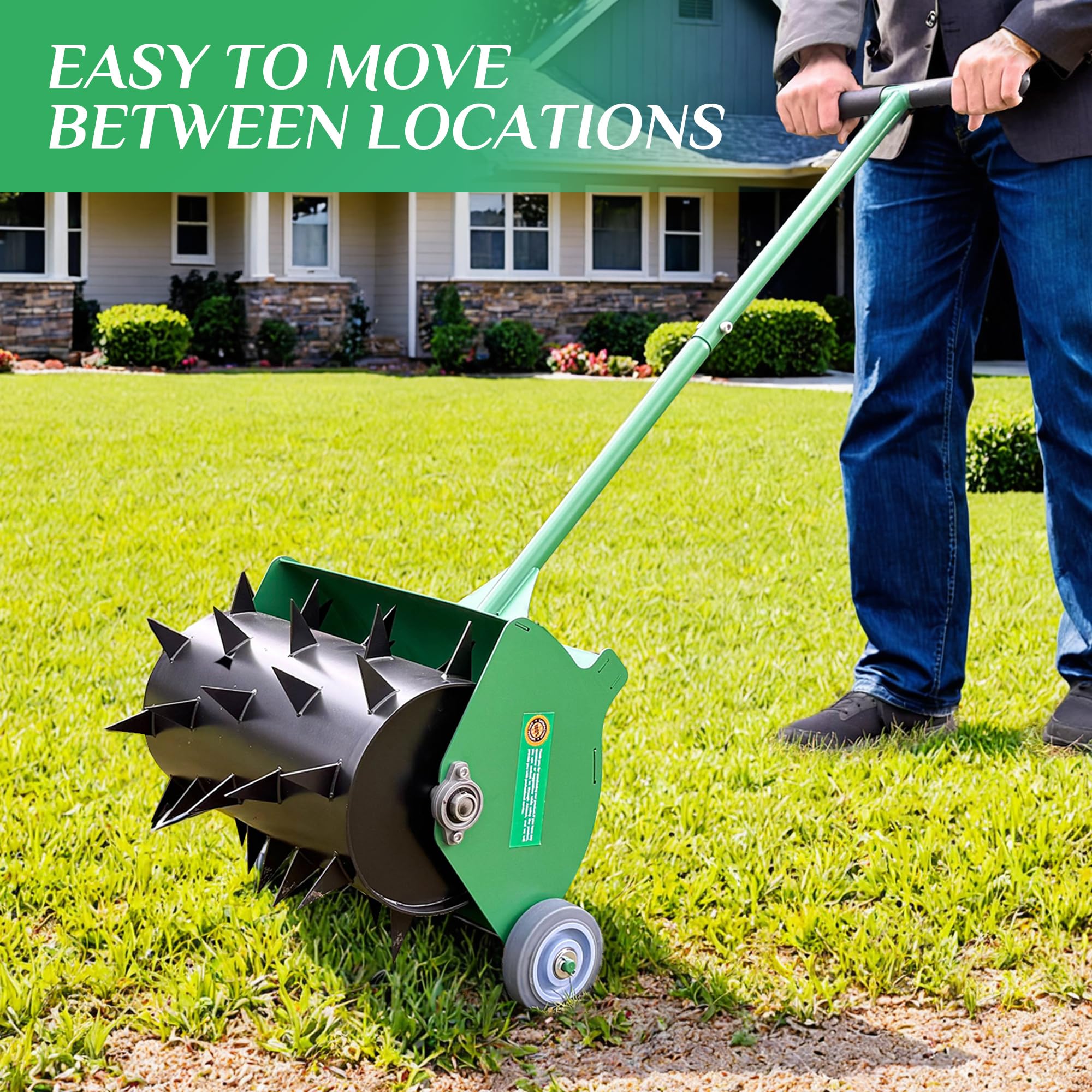 SENVERT Rolling Lawn Aerator in use on turf demonstrating aeration action